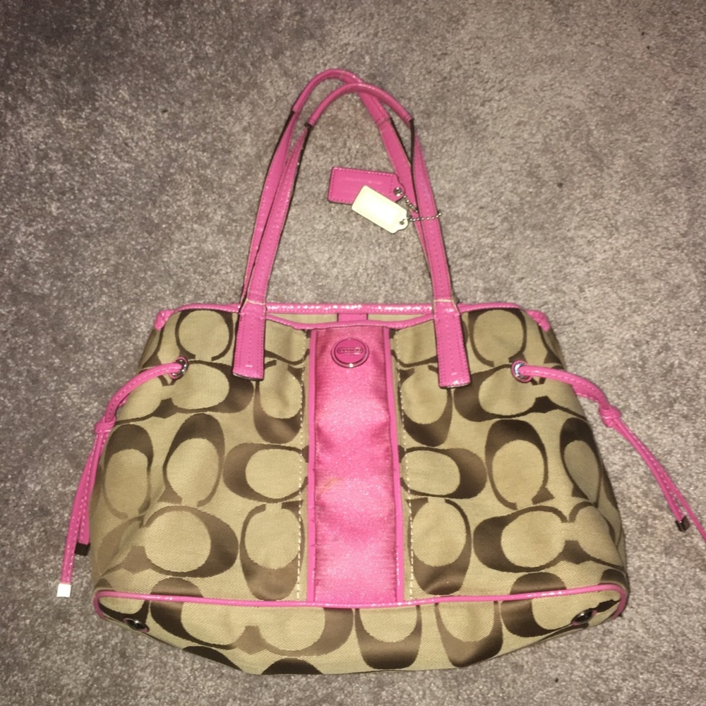 Authentic Tan Coach Purse with Hot Pink Lining